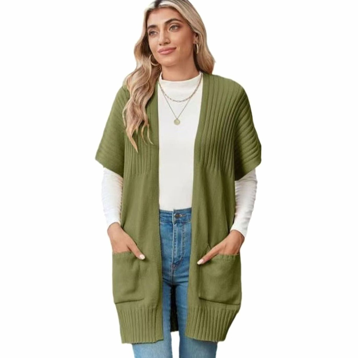 Women's Open-Front Short-Sleeve Knit Cardigan with Pockets 4