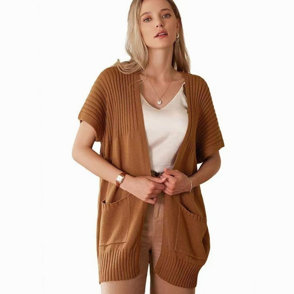 Women's Open-Front Short-Sleeve Knit Cardigan with Pockets 5