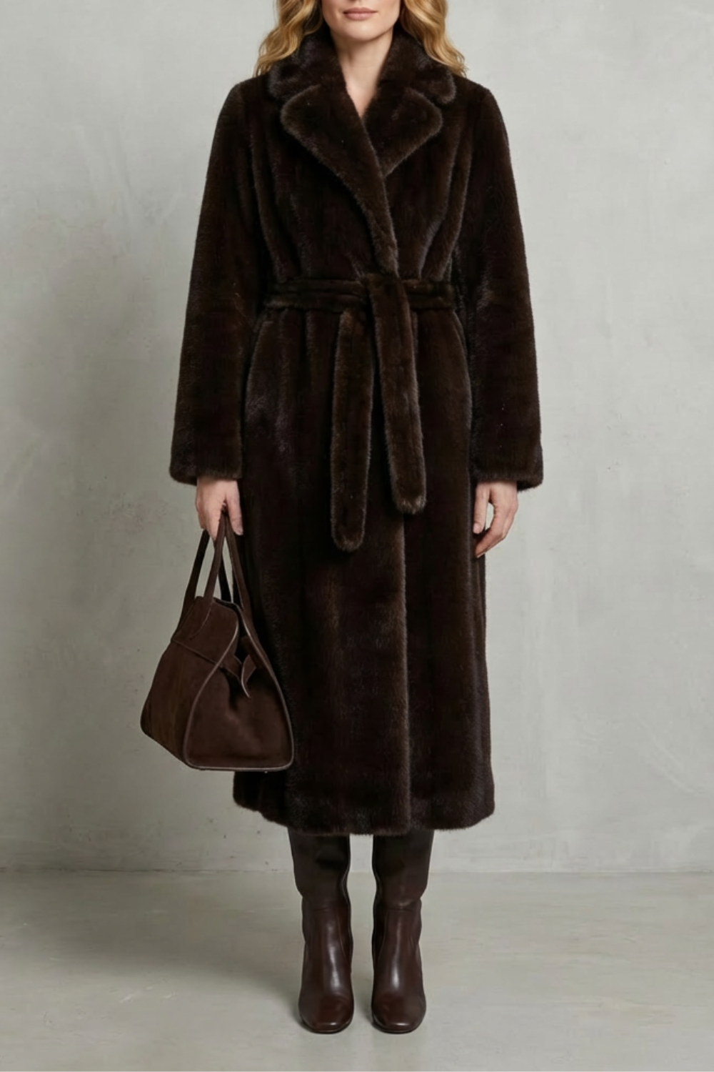 Women's Oversized Faux Fur Long Coat with Lapel Collar 1