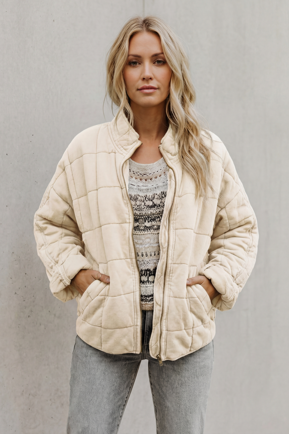 Women's Quilted Jacket with High Collar and Zip Front 16