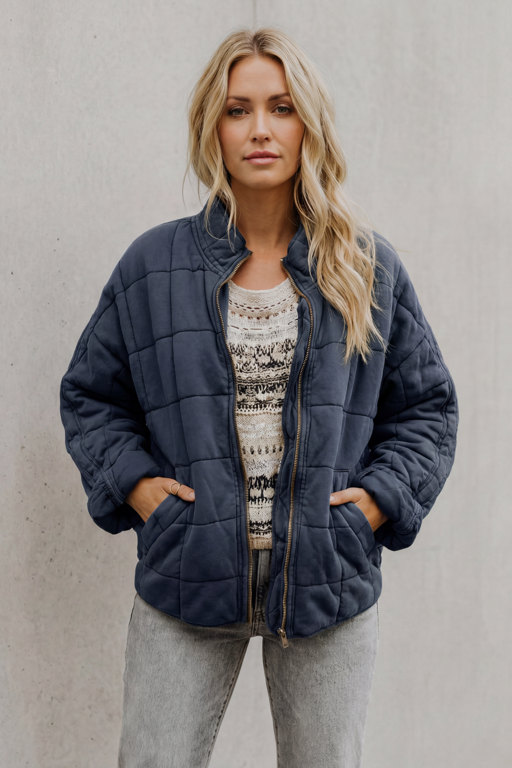 Women's Quilted Jacket with High Collar and Zip Front 18