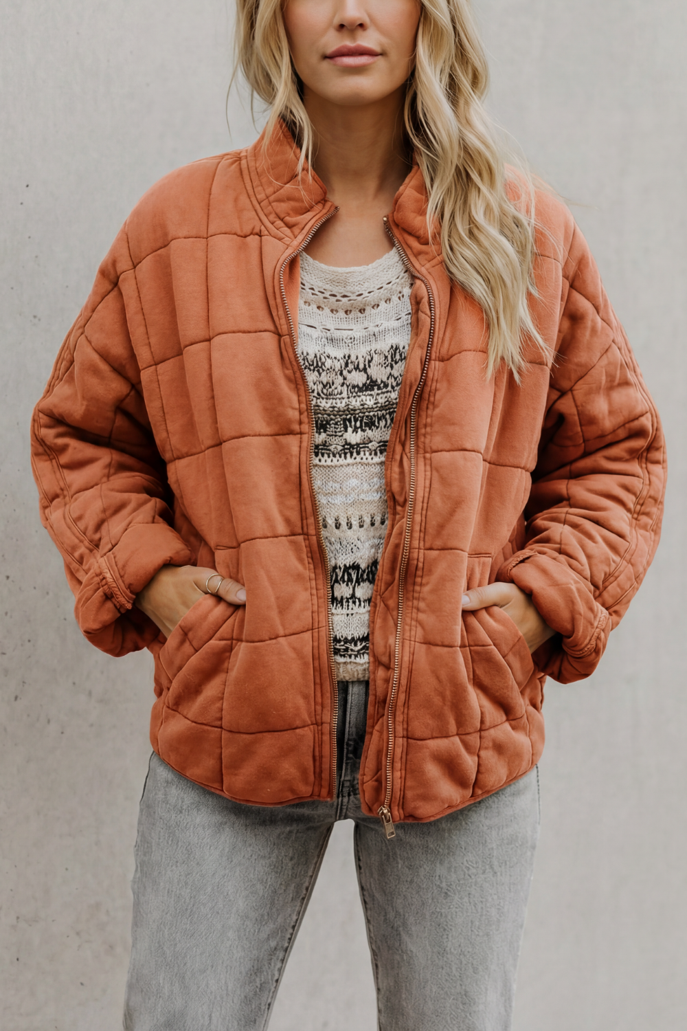 Women's Quilted Jacket with High Collar and Zip Front 19