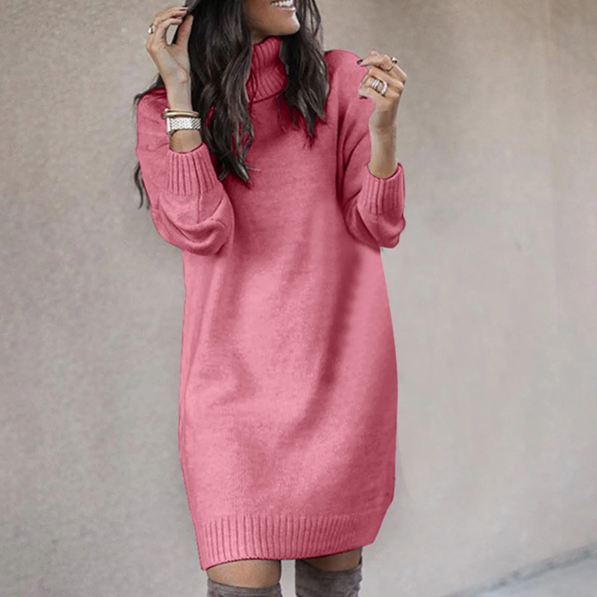 Knit Sweater Dress Women's Oversized Turtleneck Long Sleeve 1