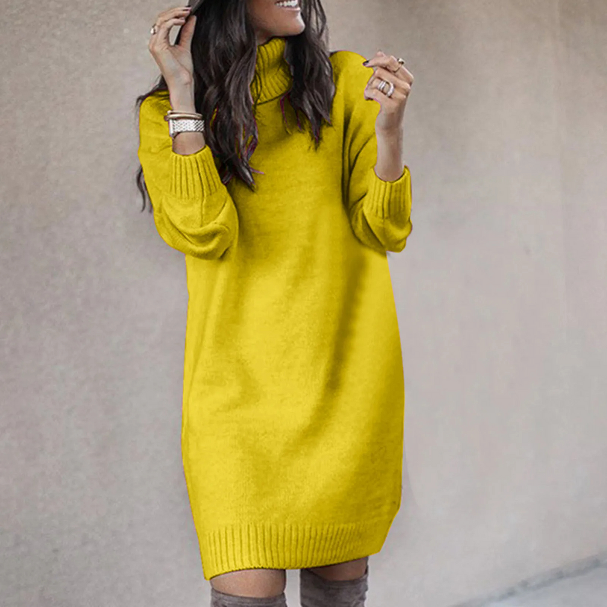 Knit Sweater Dress Women's Oversized Turtleneck Long Sleeve 5