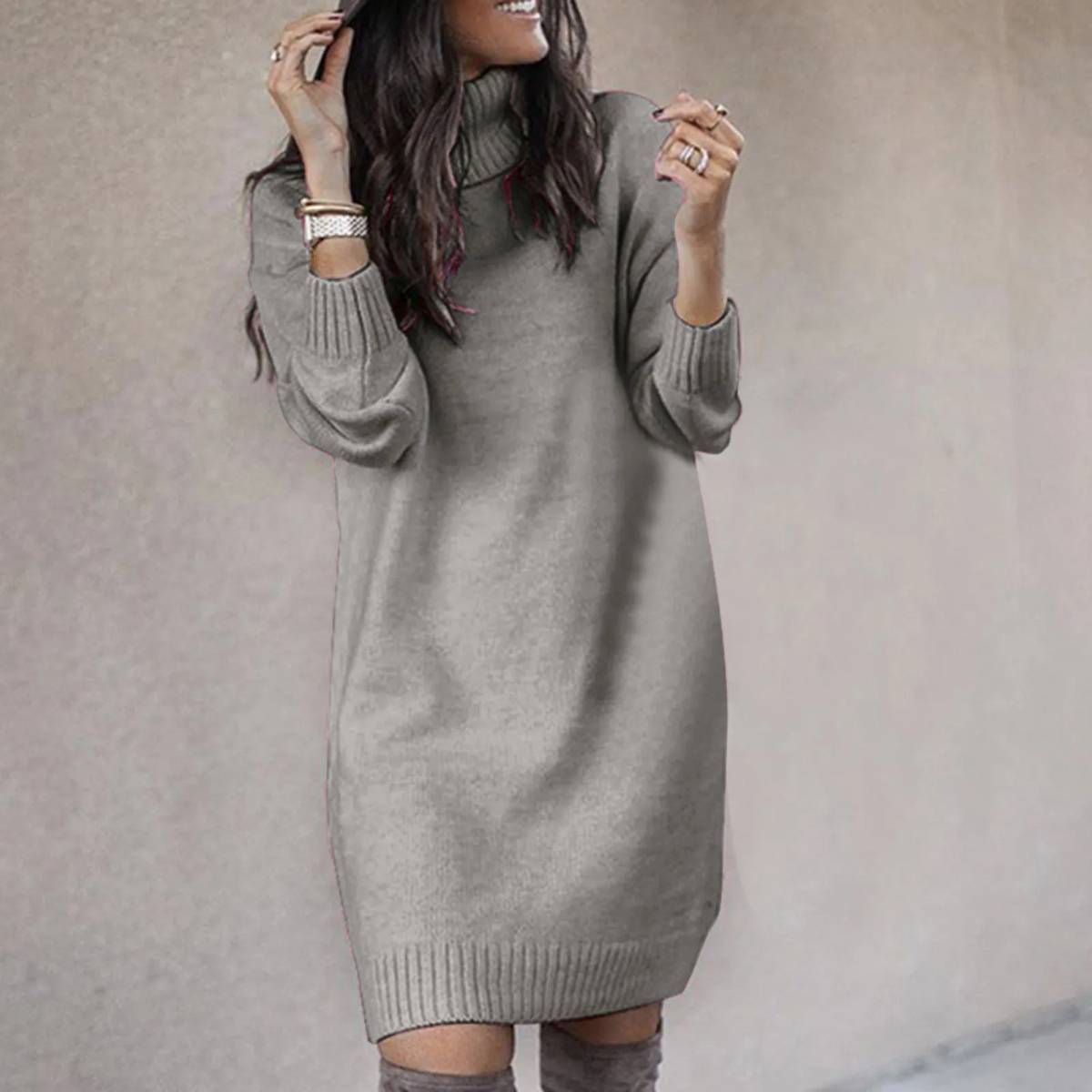 Knit Sweater Dress Women's Oversized Turtleneck Long Sleeve 6
