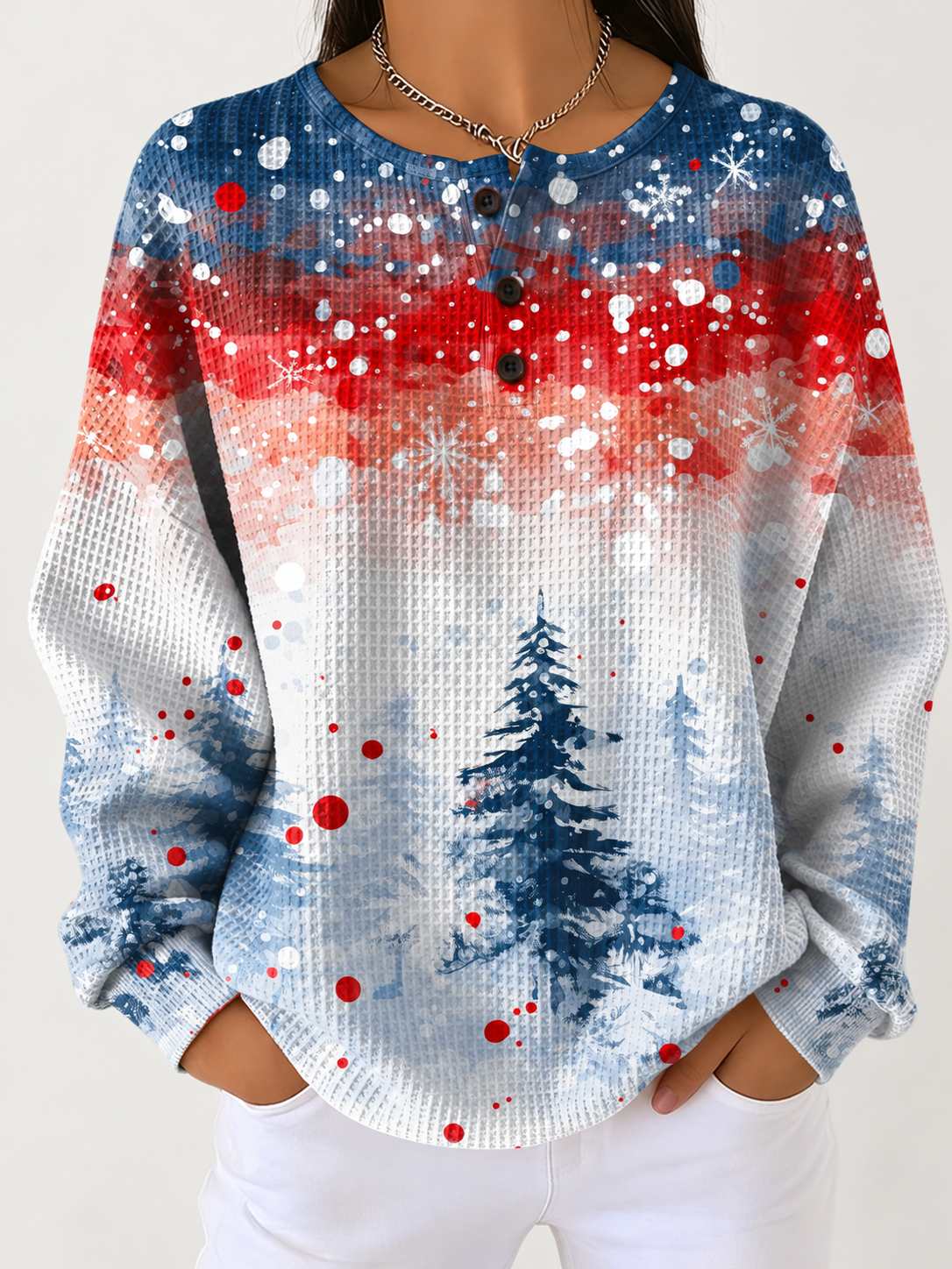Women's Christmas Sweater with Pine Tree Waffle Design 1
