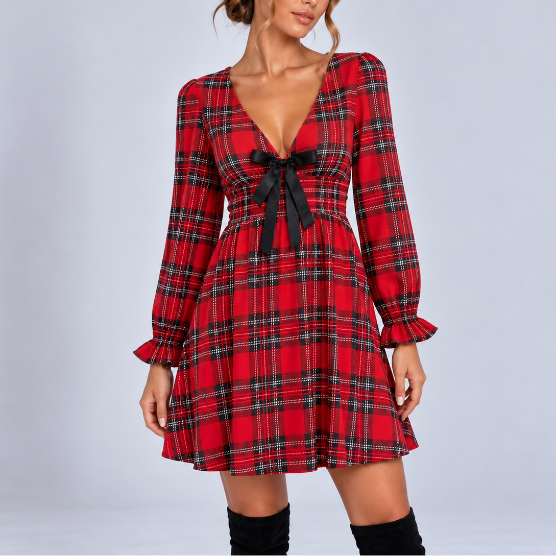 Women's Plaid V-Neck Bow Mini Dress with Ruffled Cuffs 1