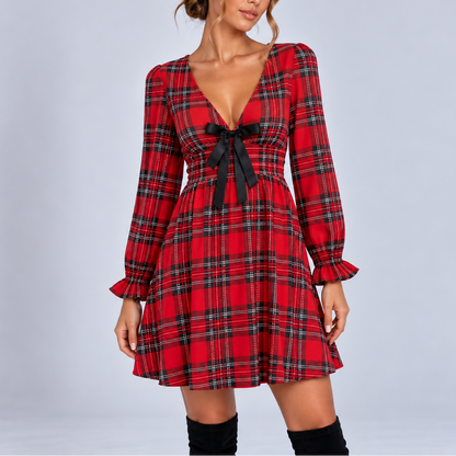 Women's Plaid V-Neck Bow Mini Dress with Ruffled Cuffs 1