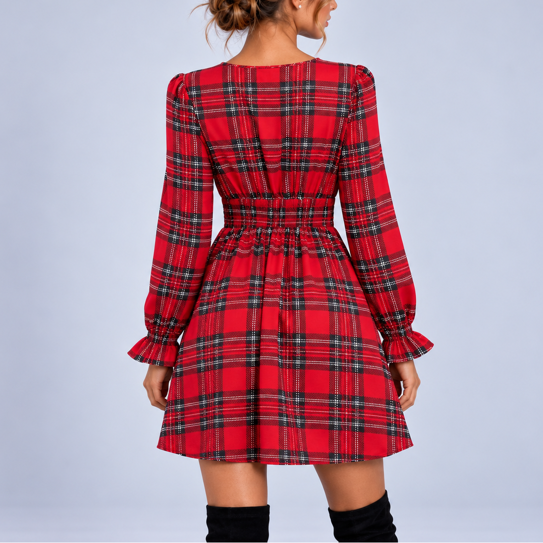Women's Plaid V-Neck Bow Mini Dress with Ruffled Cuffs 2