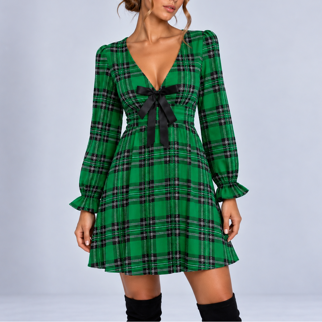Women's Plaid V-Neck Bow Mini Dress with Ruffled Cuffs 3