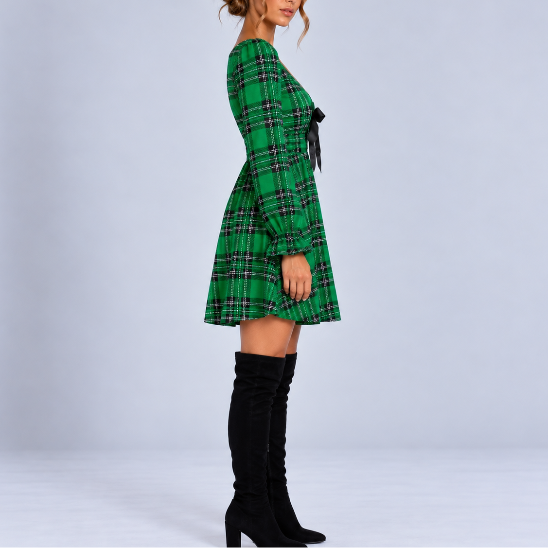 Women's Plaid V-Neck Bow Mini Dress with Ruffled Cuffs 4