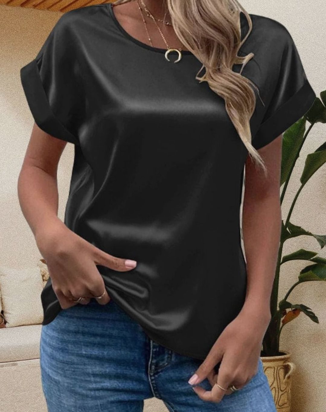 Women's Relaxed Fit Satin Blouse — Round Neck Short Sleeve Top 8