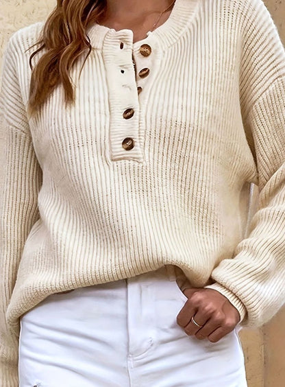 Women's Ribbed Henley Knit Sweater — Relaxed Button-Neck 3