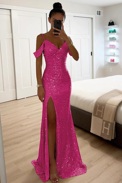 Sequin Maxi Dress with Off Shoulder Straps and High Slit 2