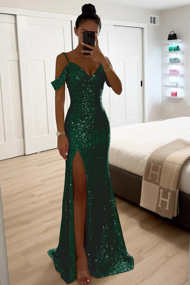 Sequin Maxi Dress with Off Shoulder Straps and High Slit 3