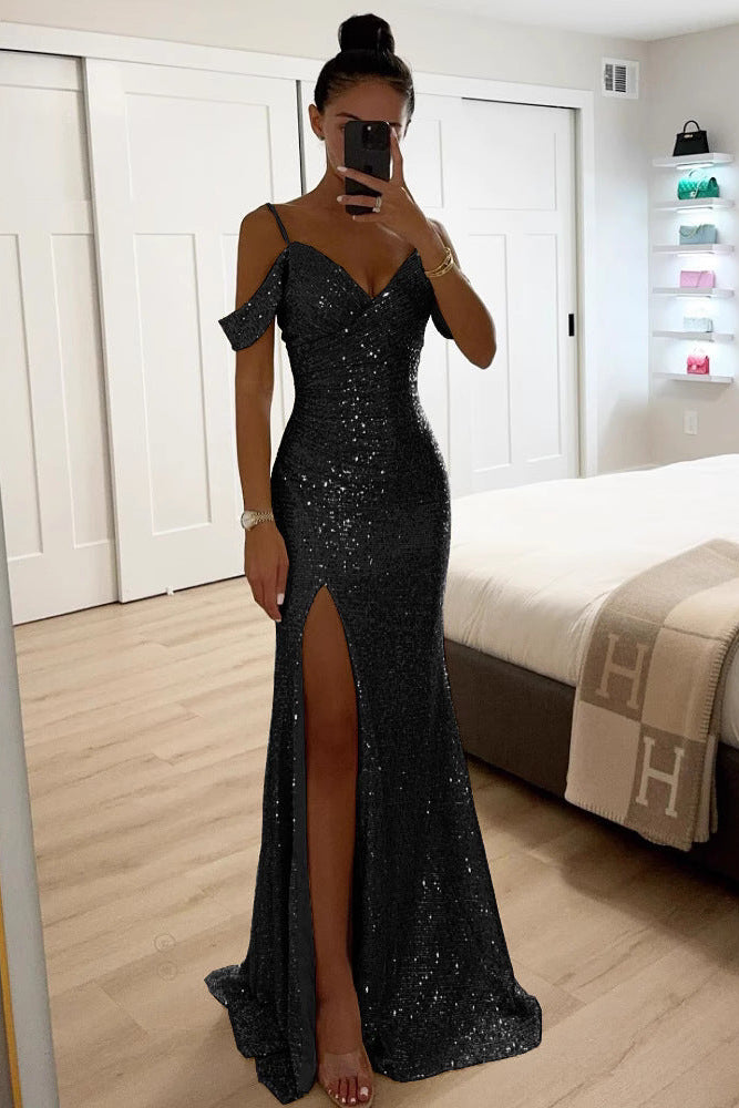 Sequin Maxi Dress with Off Shoulder Straps and High Slit 4