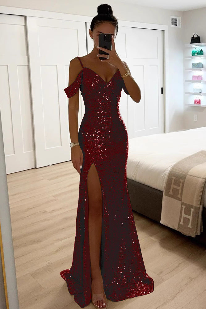 Sequin Maxi Dress with Off Shoulder Straps and High Slit 5