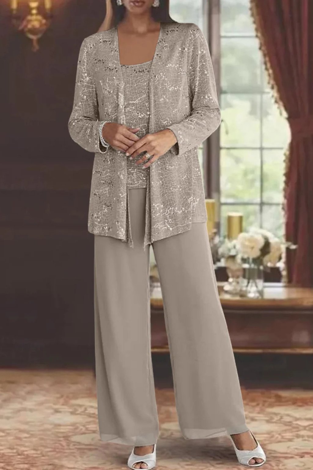 Women's Sequin Three-Piece Wide Leg Pants Suit Set 10