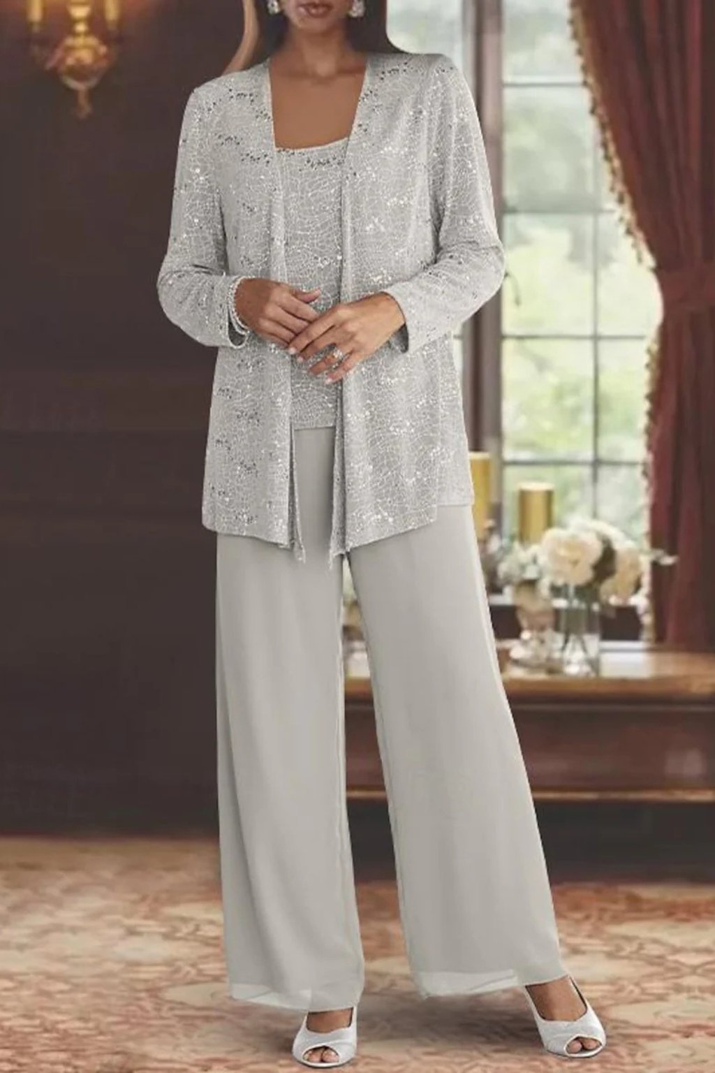 Women's Sequin Three-Piece Wide Leg Pants Suit Set 2