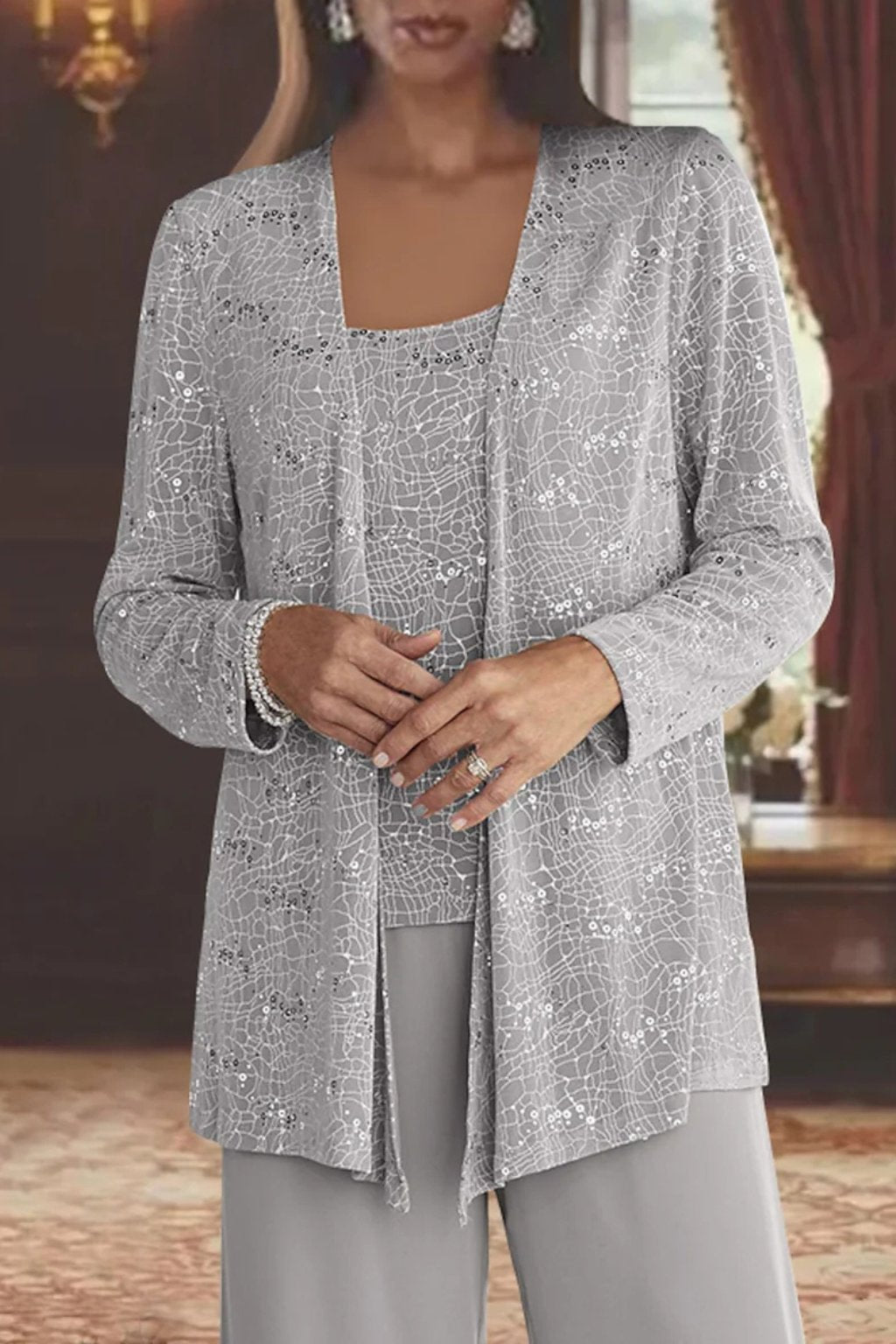 Women's Sequin Three-Piece Wide Leg Pants Suit Set 3