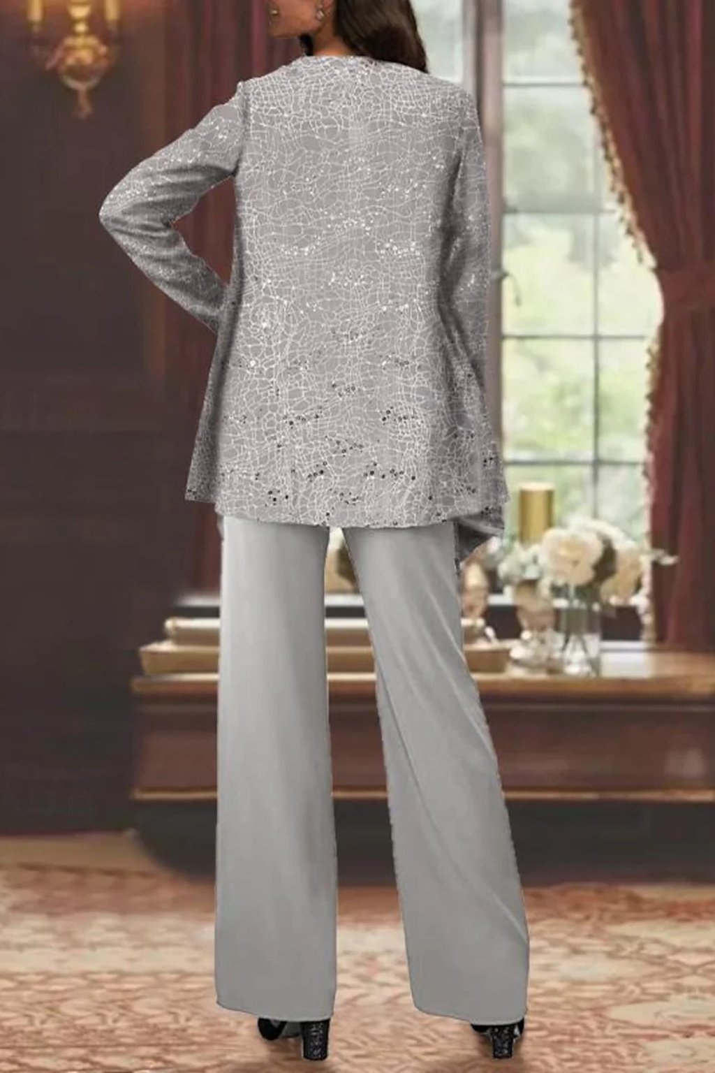 Women's Sequin Three-Piece Wide Leg Pants Suit Set 4