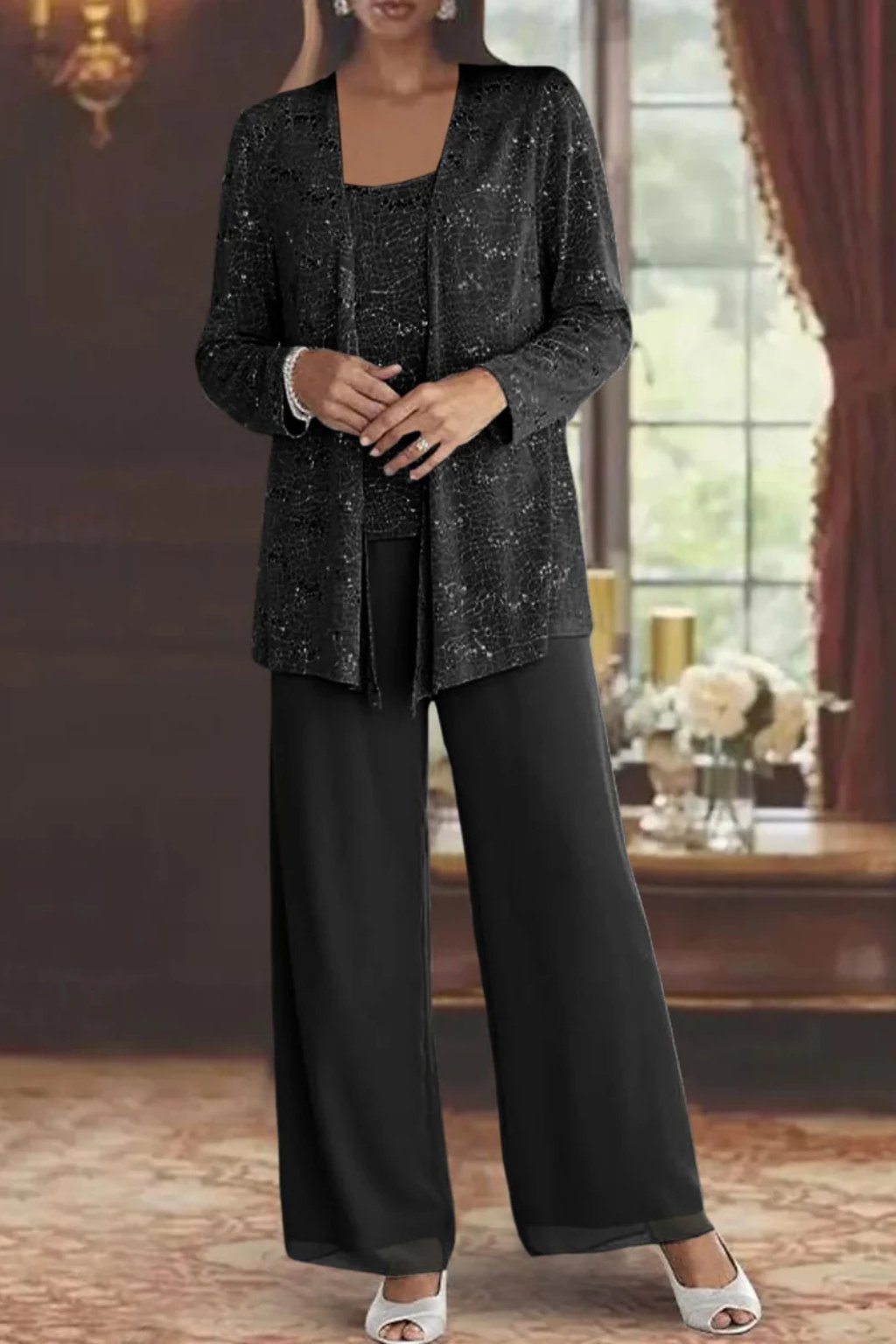 Women's Sequin Three-Piece Wide Leg Pants Suit Set 6