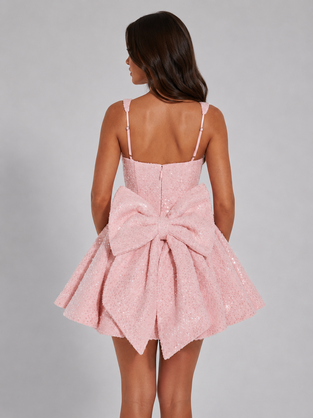 Women's Sequin Tweed Bow Mini Dress with Square Neckline 2