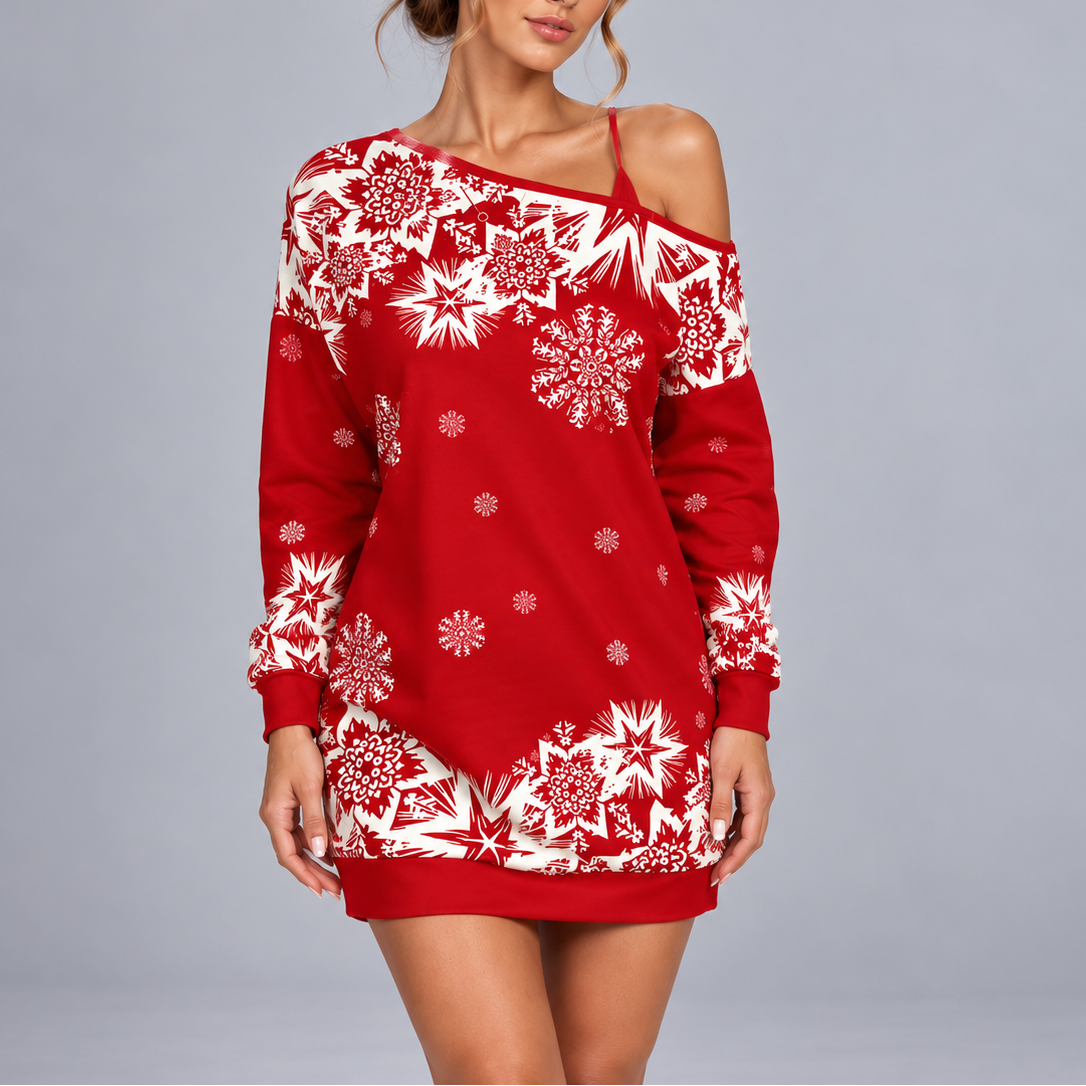 Off Shoulder Christmas Sweater Dress with Snowflake Print 1