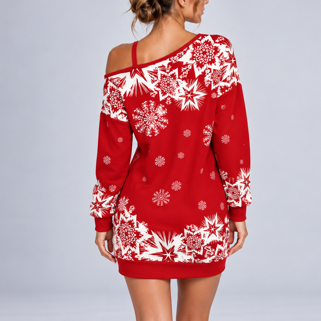 Off Shoulder Christmas Sweater Dress with Snowflake Print 3