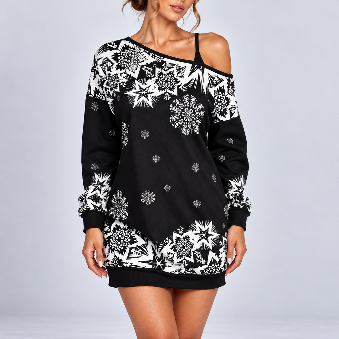 Off Shoulder Christmas Sweater Dress with Snowflake Print 6