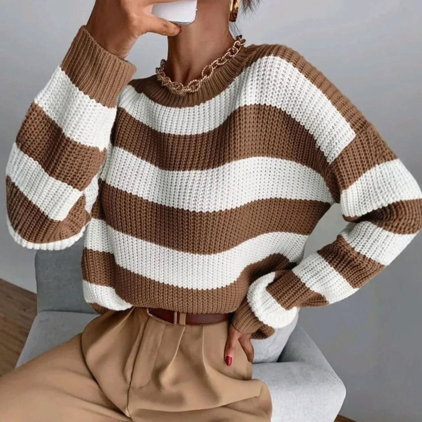 Women's Striped Crewneck Knit Sweater — Relaxed Fit 1