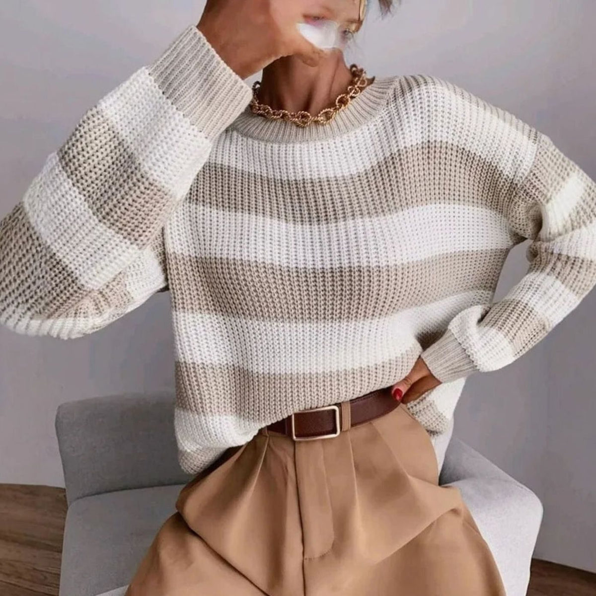 Women's Striped Crewneck Knit Sweater — Relaxed Fit 2
