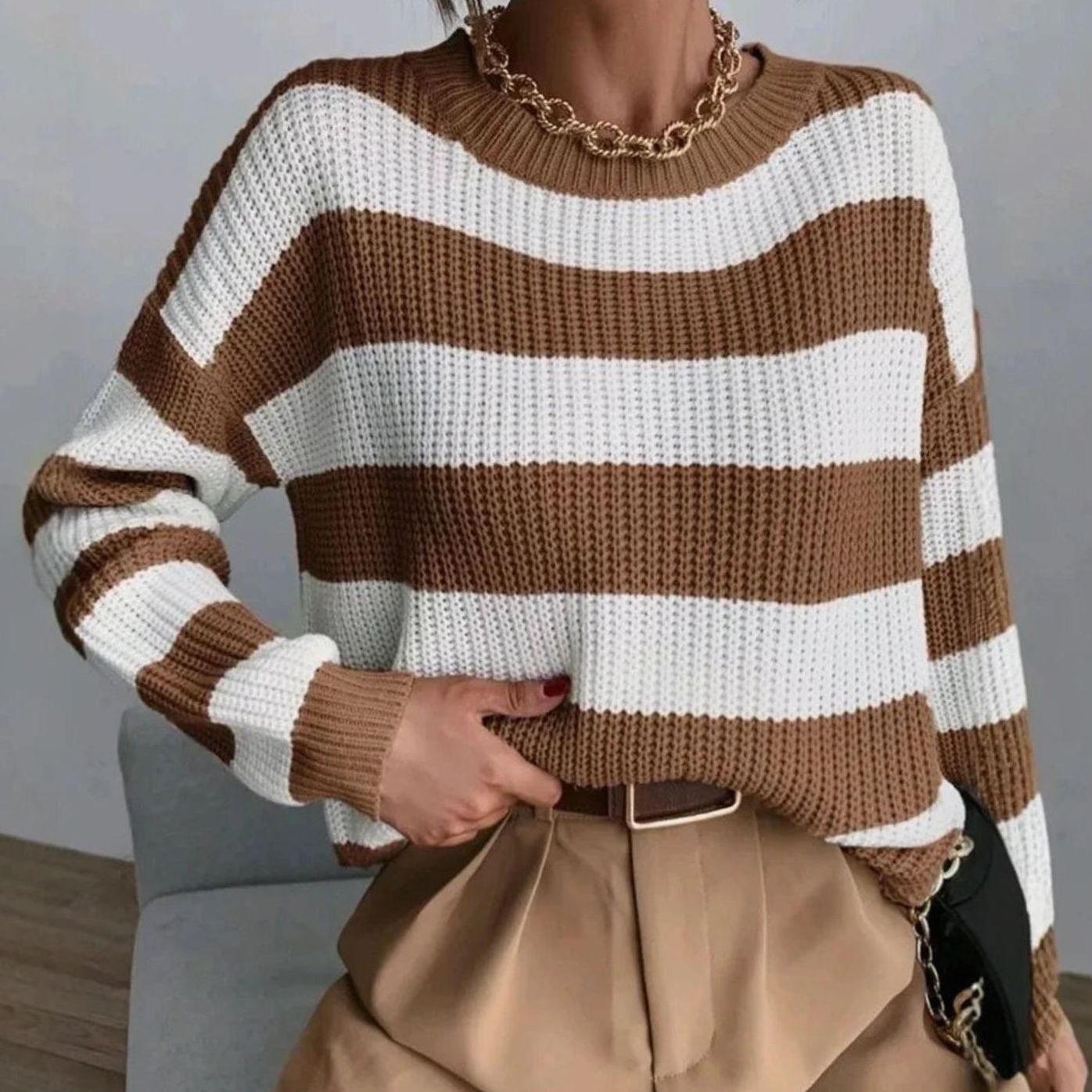 Women's Striped Crewneck Knit Sweater — Relaxed Fit 3