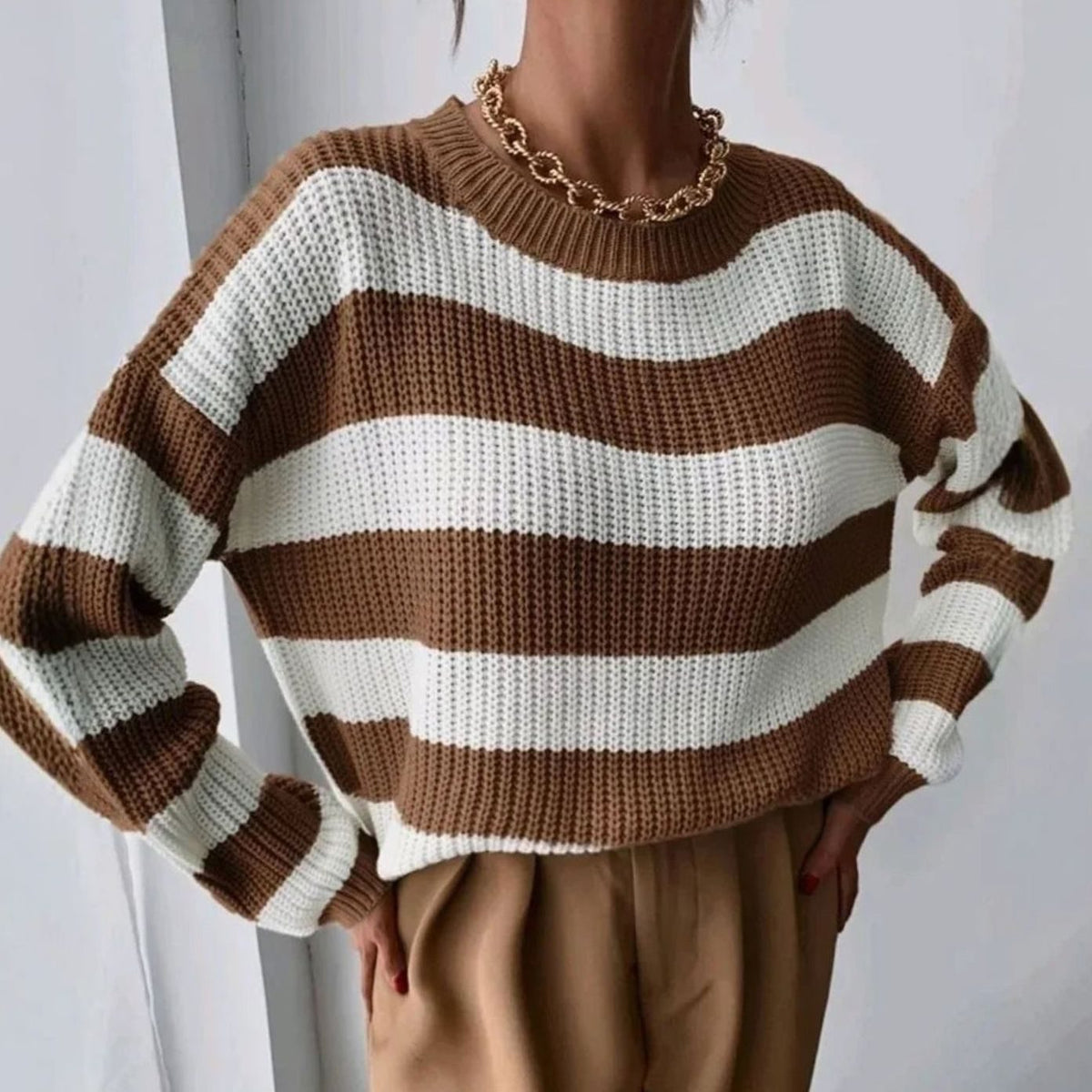 Women's Striped Crewneck Knit Sweater — Relaxed Fit 4