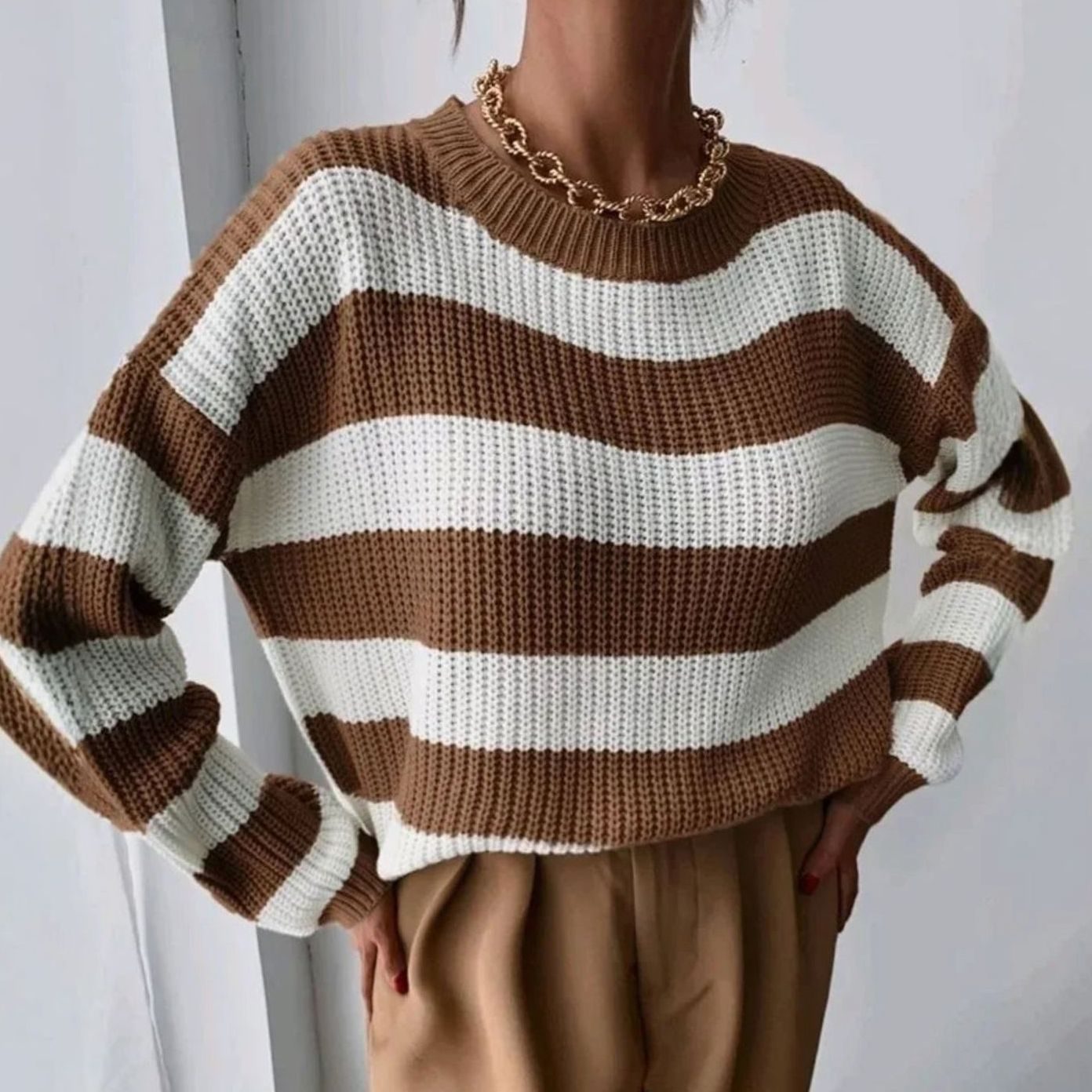 Women's Striped Crewneck Knit Sweater — Relaxed Fit 4