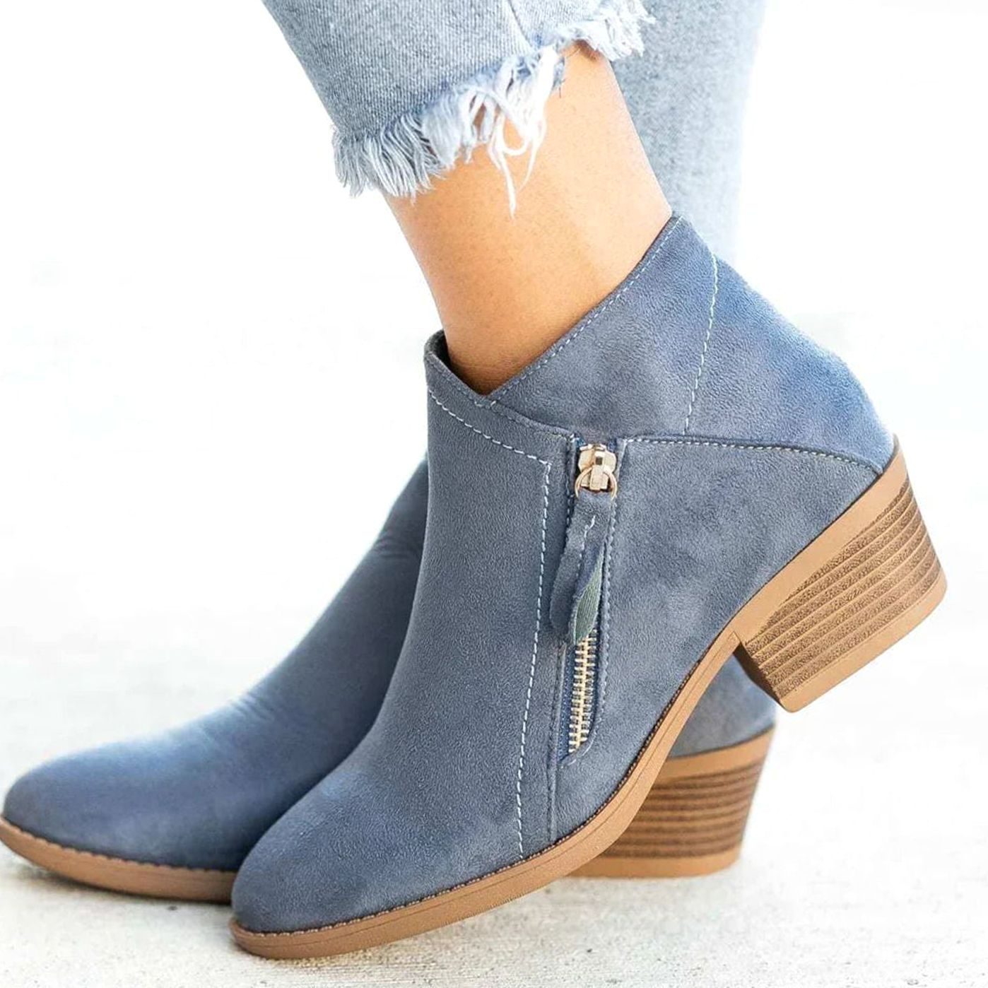 Women's Suede V-Cut Block Heel Zip-Up Ankle Boots 2