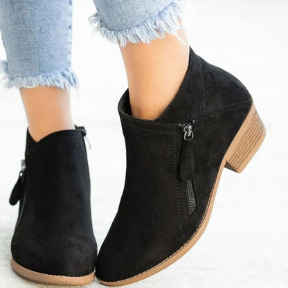 Women's Suede V-Cut Block Heel Zip-Up Ankle Boots 3