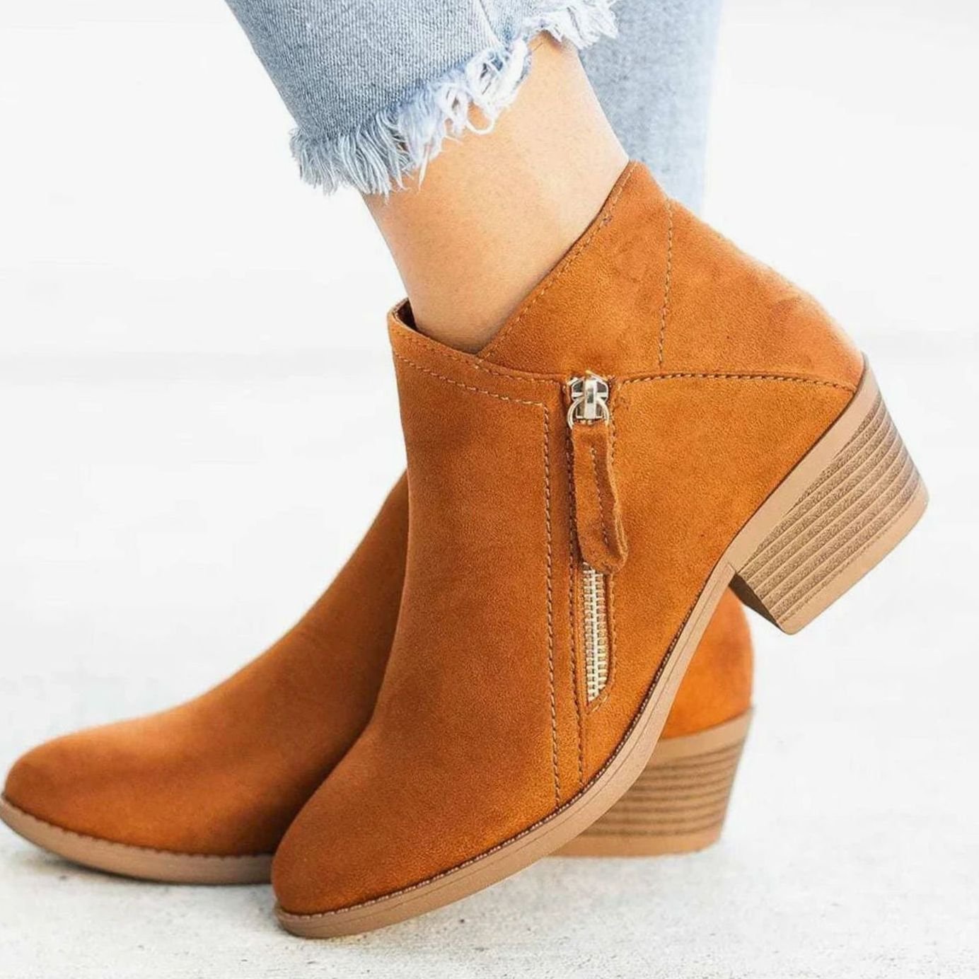 Women's Suede V-Cut Block Heel Zip-Up Ankle Boots 4