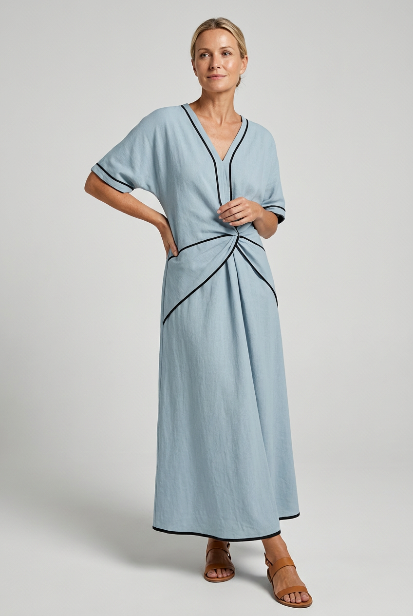 Twist Front Maxi Dress — V-Neck Contrast Trim Summer Dress 2