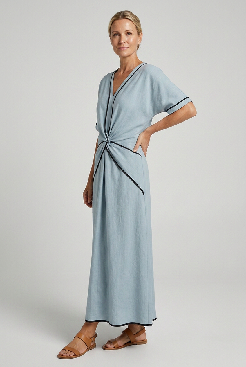 Twist Front Maxi Dress — V-Neck Contrast Trim Summer Dress 3