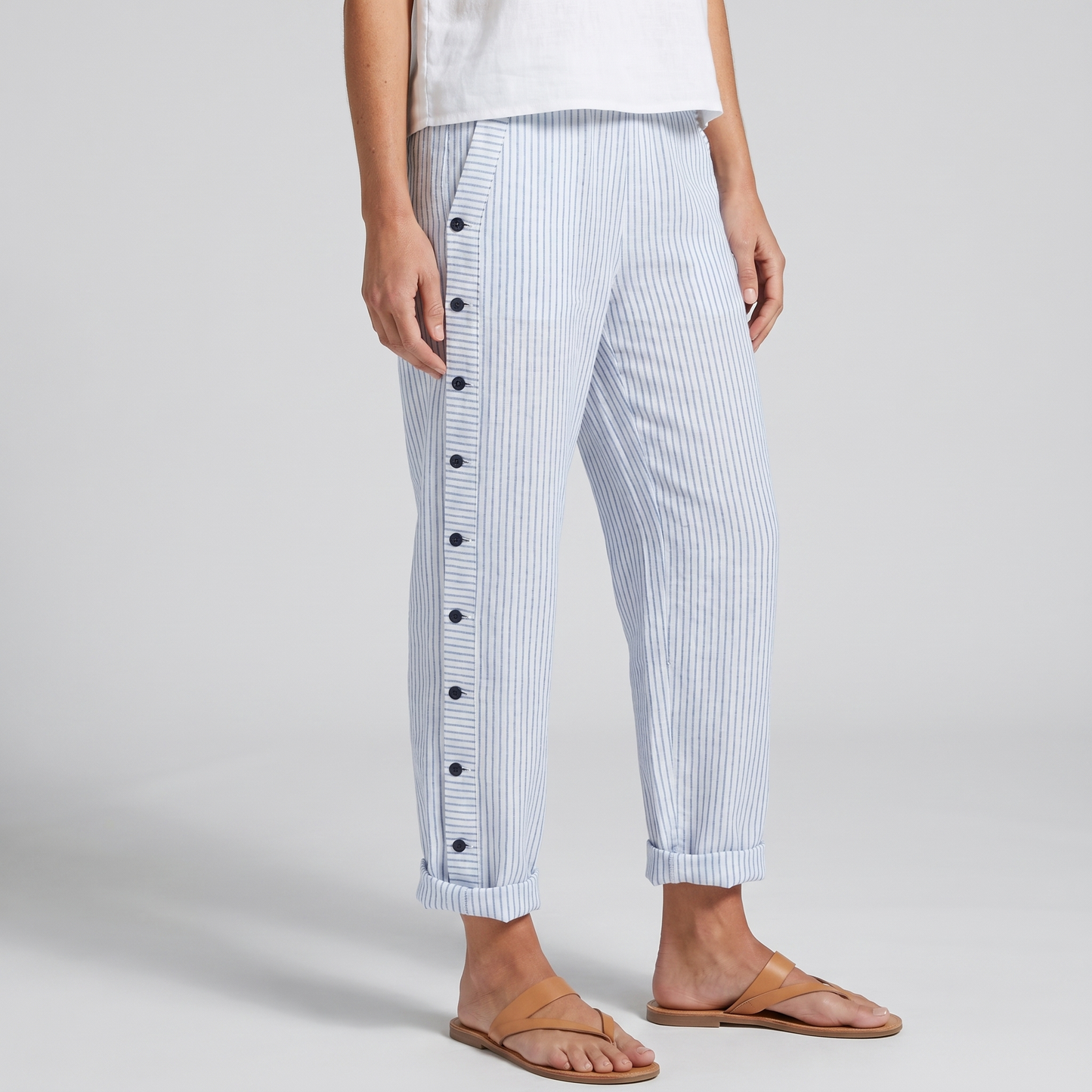 Women's Striped Trousers with Side Button Panel & Turn-Up Cuff 1