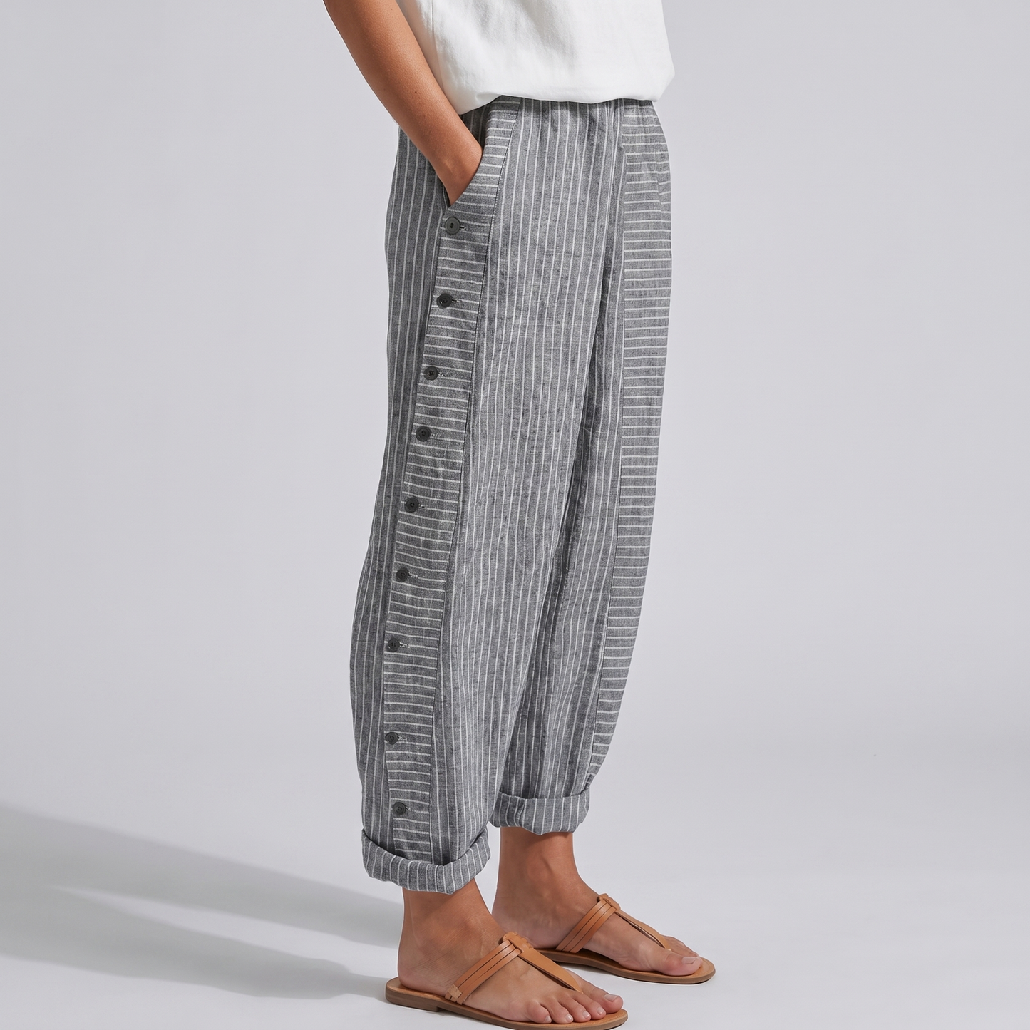 Women's Striped Trousers with Side Button Panel & Turn-Up Cuff 4