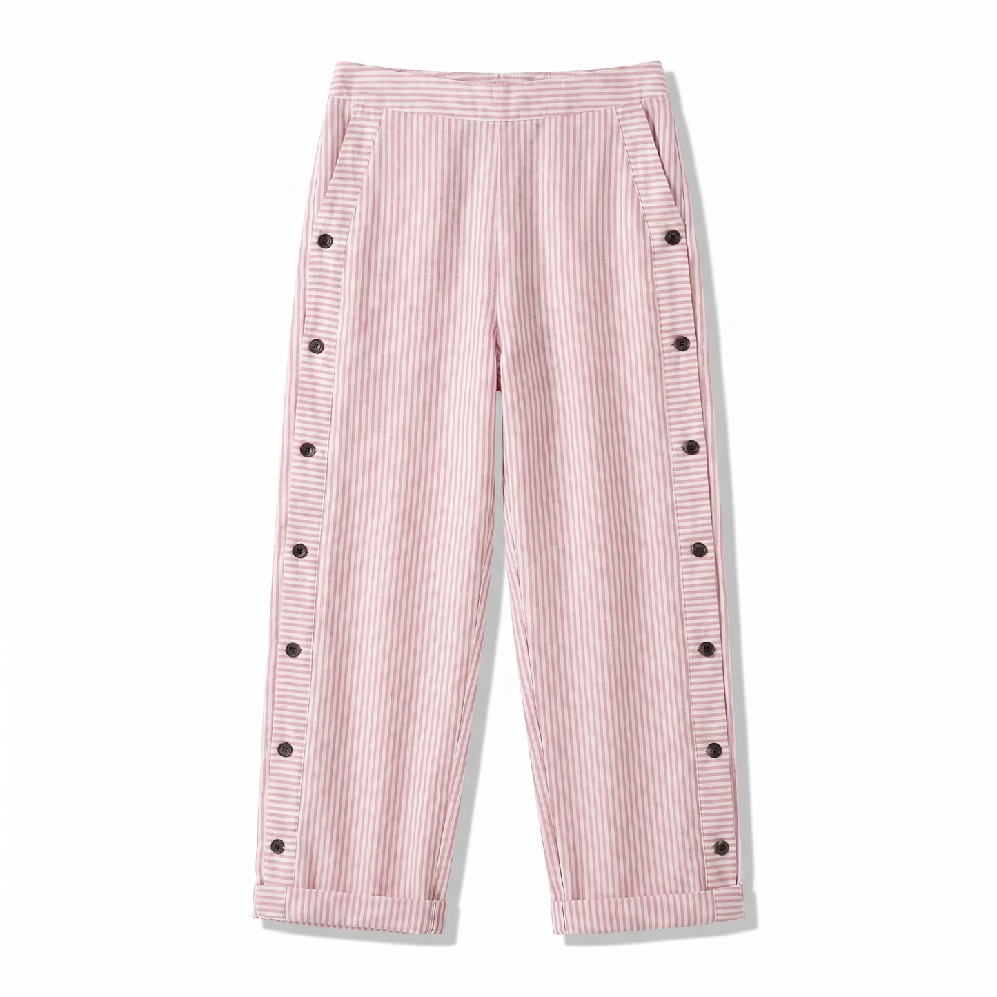 Women's Striped Trousers with Side Button Panel & Turn-Up Cuff 7