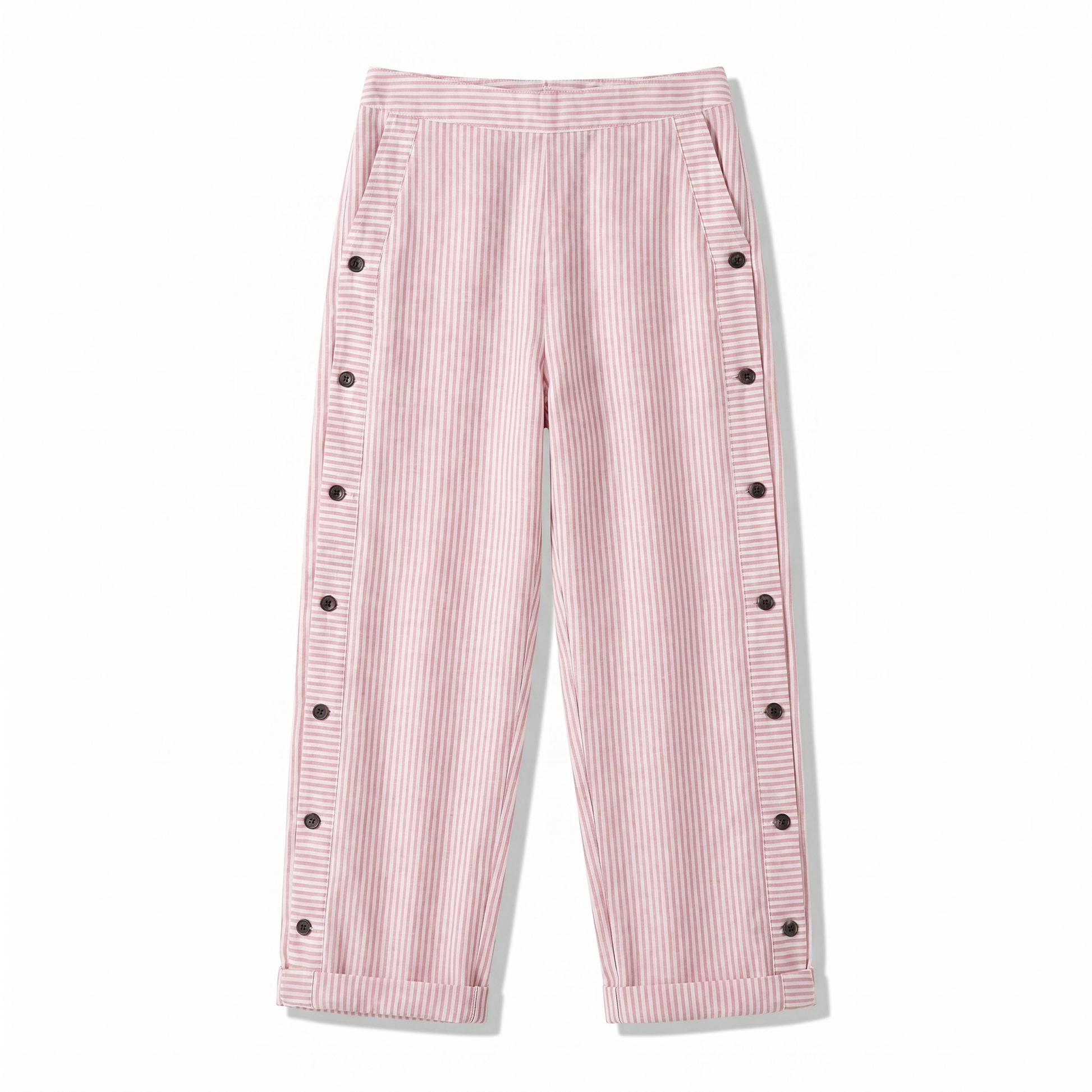 Women's Striped Trousers with Side Button Panel & Turn-Up Cuff 7