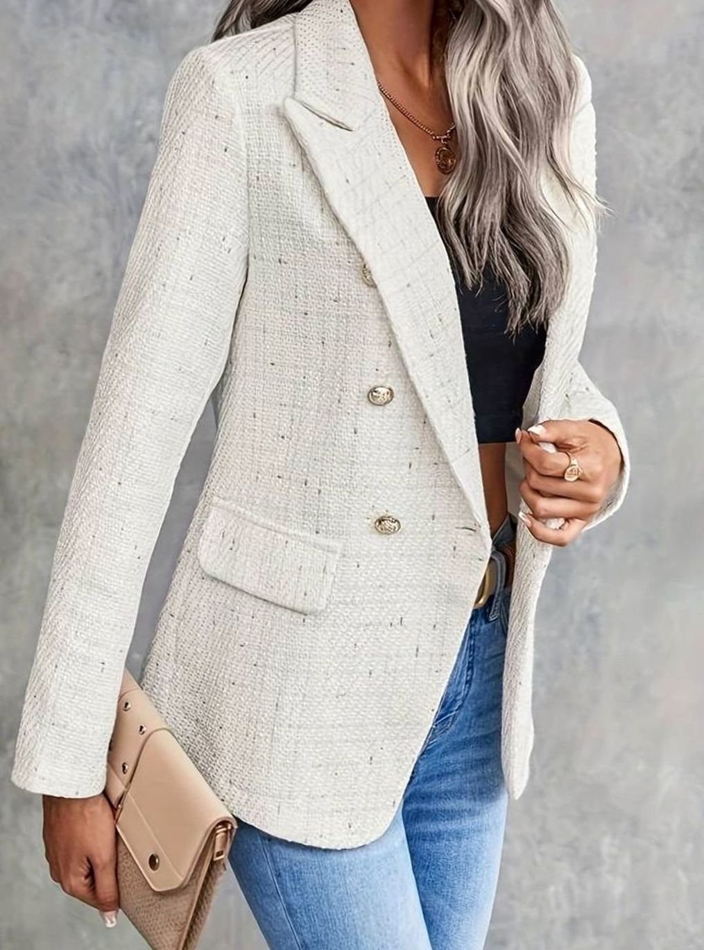 Women's Tweed Double-Breasted Blazer — Structured Gold Button Jacket 1