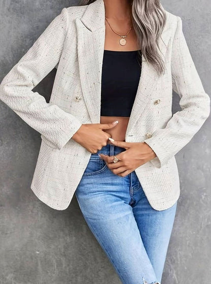 Women's Tweed Double-Breasted Blazer — Structured Gold Button Jacket 3