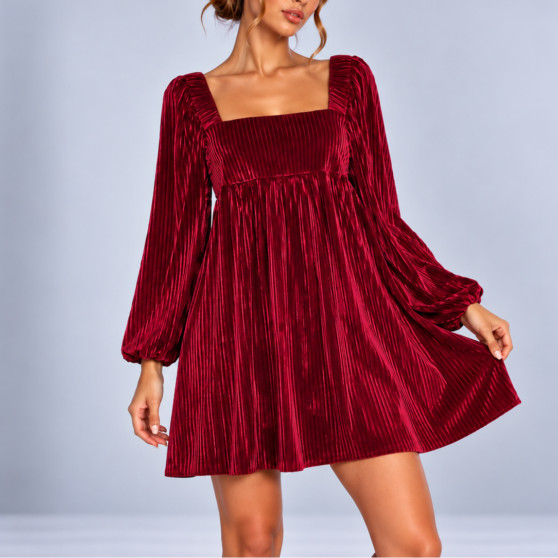 Velvet Mini Dress with Square Neck and Puff Sleeves 1