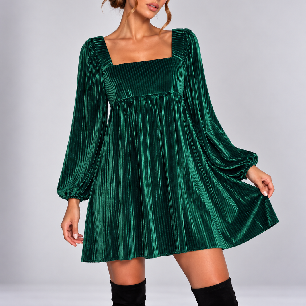 Velvet Mini Dress with Square Neck and Puff Sleeves 3