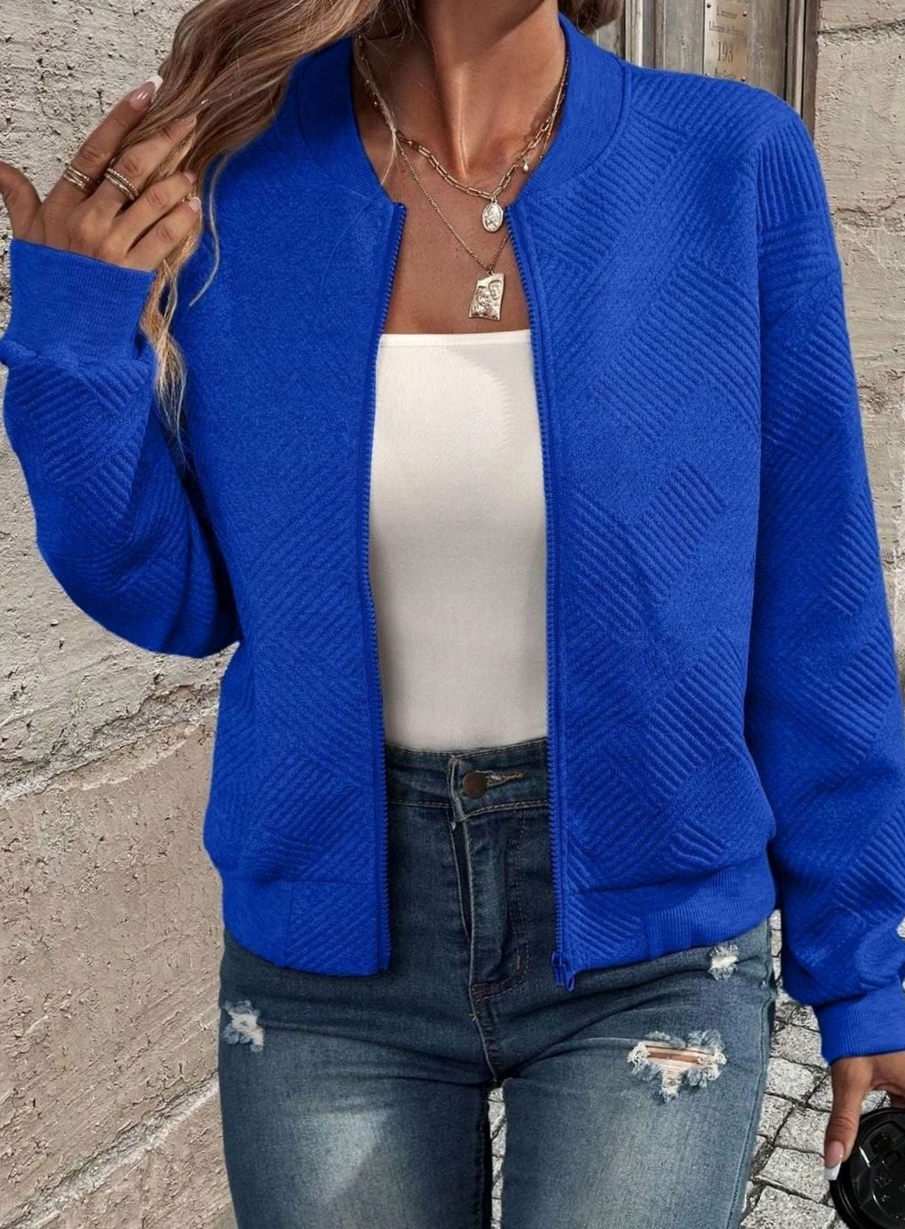 Women's Textured Knit Zip-Up Bomber Cardigan — Relaxed Fit 1