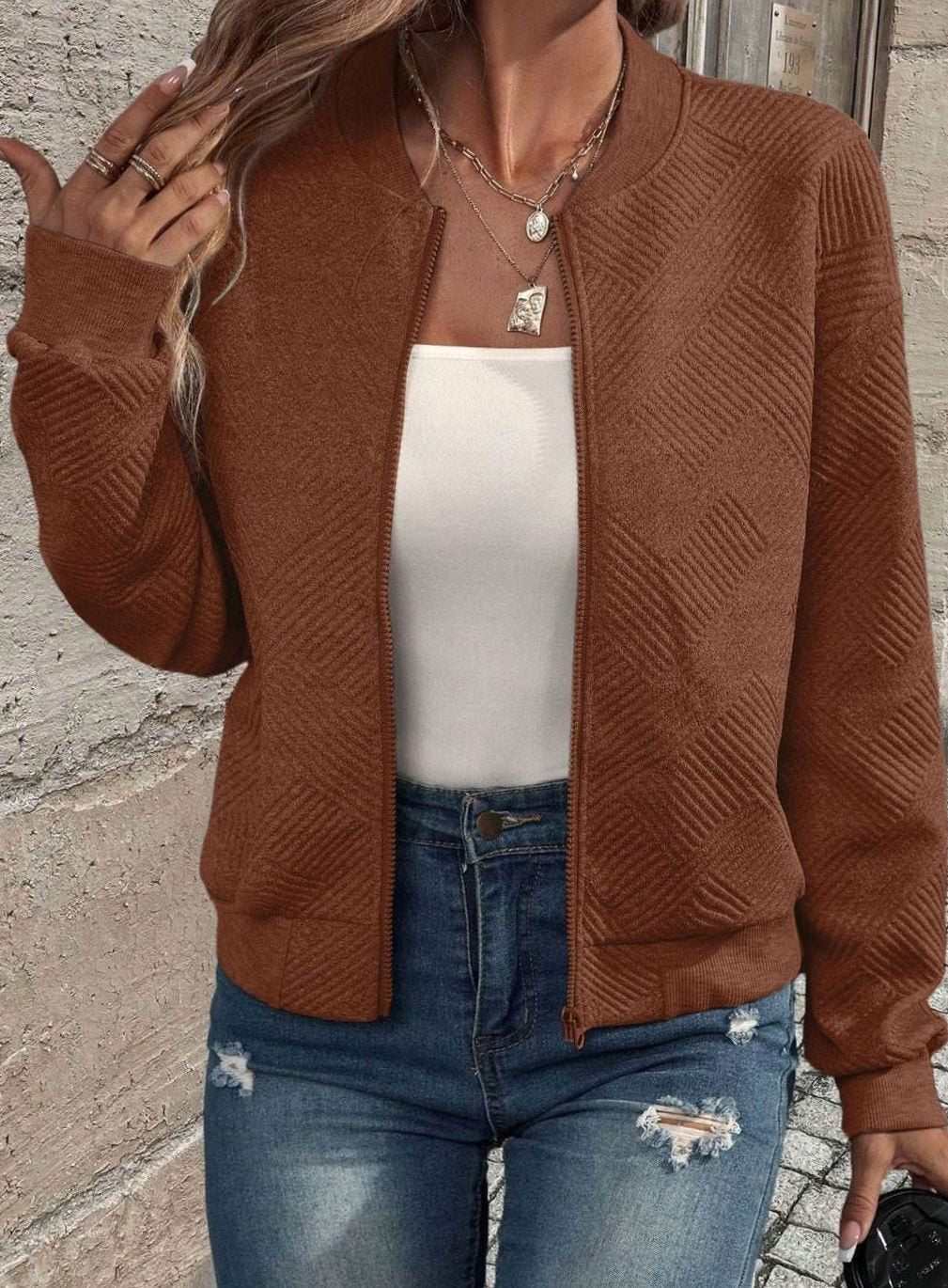Women's Textured Knit Zip-Up Bomber Cardigan — Relaxed Fit 11